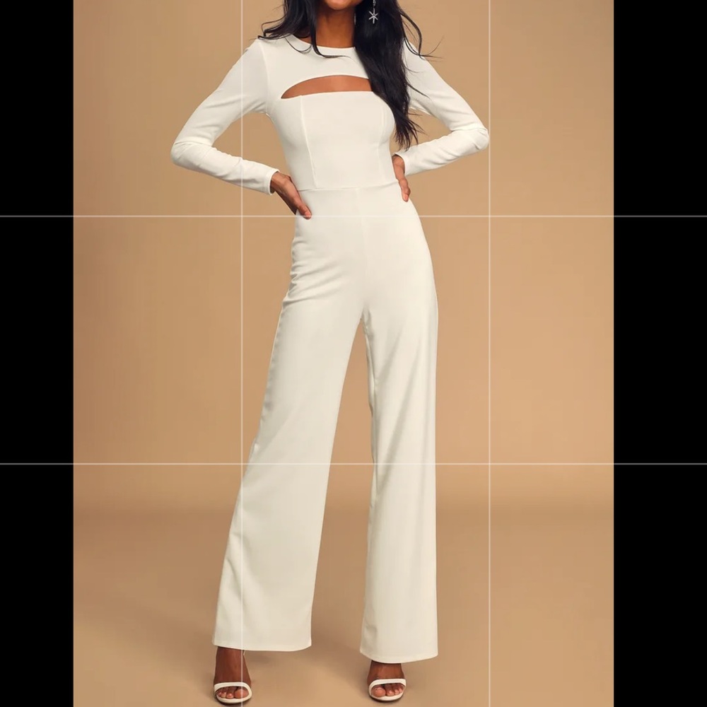 Lulu’s White Wide-Leg Long Sleeve Cutout Jumpsuit